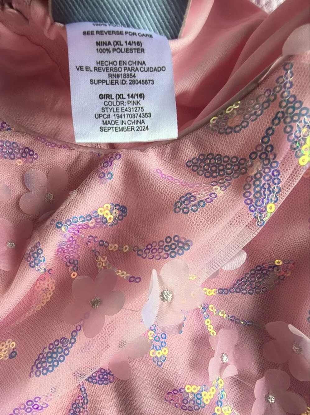 Pink Sequined Floral Tiered Tulle Dress Size XL.